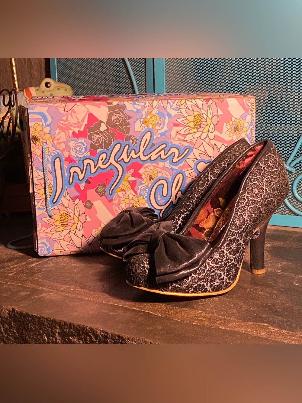 Irregular Choice Mal E Bow pumps in box, black silver lace,bows,8